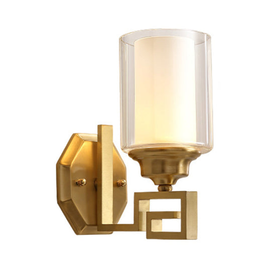 Modern Clear Glass Wall Sconce 1-Light Brass Mount For Living Room Lighting