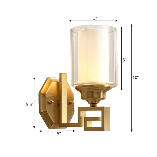 Modern Clear Glass Wall Sconce 1-Light Brass Mount For Living Room Lighting