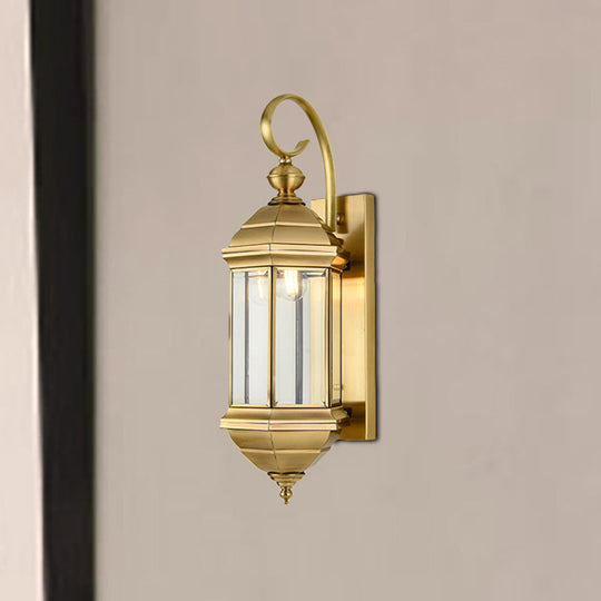 Traditional Metal Lantern Wall Mounted Lamp With Clear Glass Shade Brass Finish - 6/8 W 1/3-Light