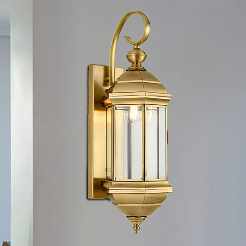 Traditional Metal Lantern Wall Mounted Lamp With Clear Glass Shade Brass Finish - 6/8 W 1/3-Light