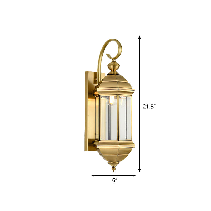 Traditional Metal Lantern Wall Mounted Lamp With Clear Glass Shade Brass Finish - 6/8 W 1/3-Light