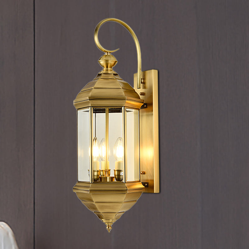 Traditional Metal Lantern Wall Mounted Lamp With Clear Glass Shade Brass Finish - 6/8 W 1/3-Light