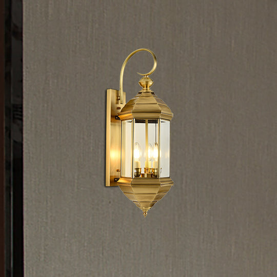 Traditional Metal Lantern Wall Mounted Lamp With Clear Glass Shade Brass Finish - 6/8 W 1/3-Light