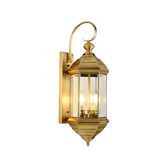 Traditional Metal Lantern Wall Mounted Lamp With Clear Glass Shade Brass Finish - 6/8 W 1/3-Light