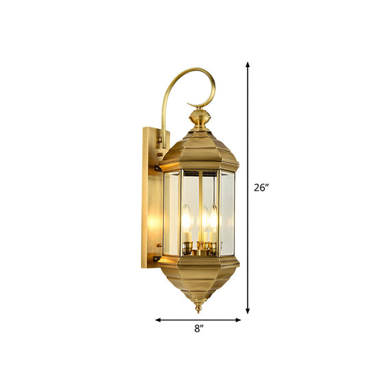 Traditional Metal Lantern Wall Mounted Lamp With Clear Glass Shade Brass Finish - 6/8 W 1/3-Light