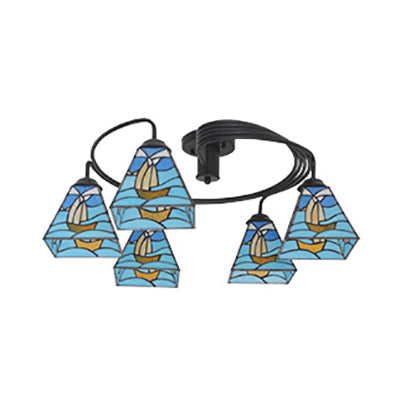 Nautical Style Semi Flush Light with Stained Glass Shade - Boat, Mediterranean, Baroque Design - 3/5 Lights - Living Room Ceiling Light in Black