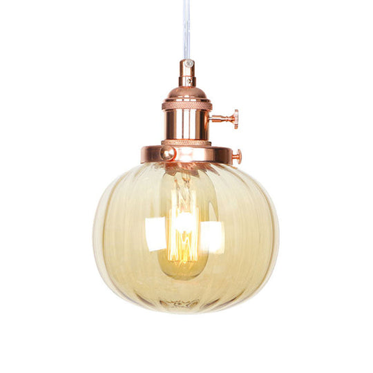 Vintage Style Amber/Clear Ridged Glass Pendant Light Fixture - Adjustable Ceiling For Living Room