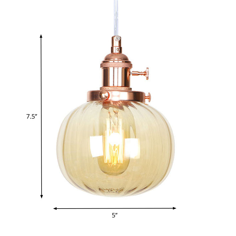 Vintage Style Amber/Clear Ridged Glass Pendant Light Fixture - Adjustable Ceiling For Living Room