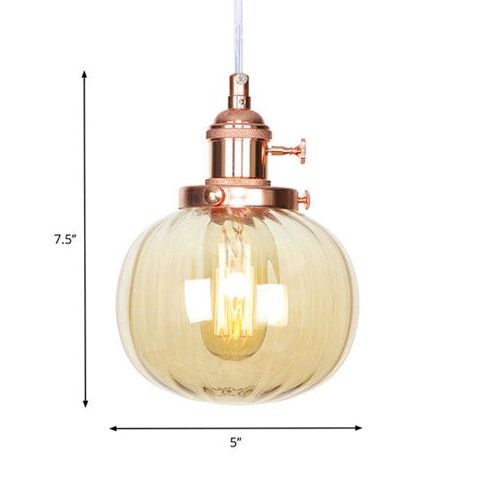 Vintage Style Amber/Clear Ridged Glass Pendant Light Fixture - Adjustable Ceiling For Living Room