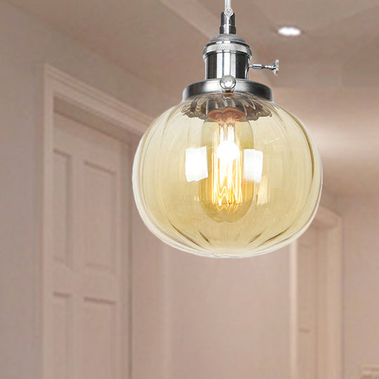 Vintage Style Amber/Clear Ridged Glass Pendant Light Fixture - Adjustable Ceiling For Living Room