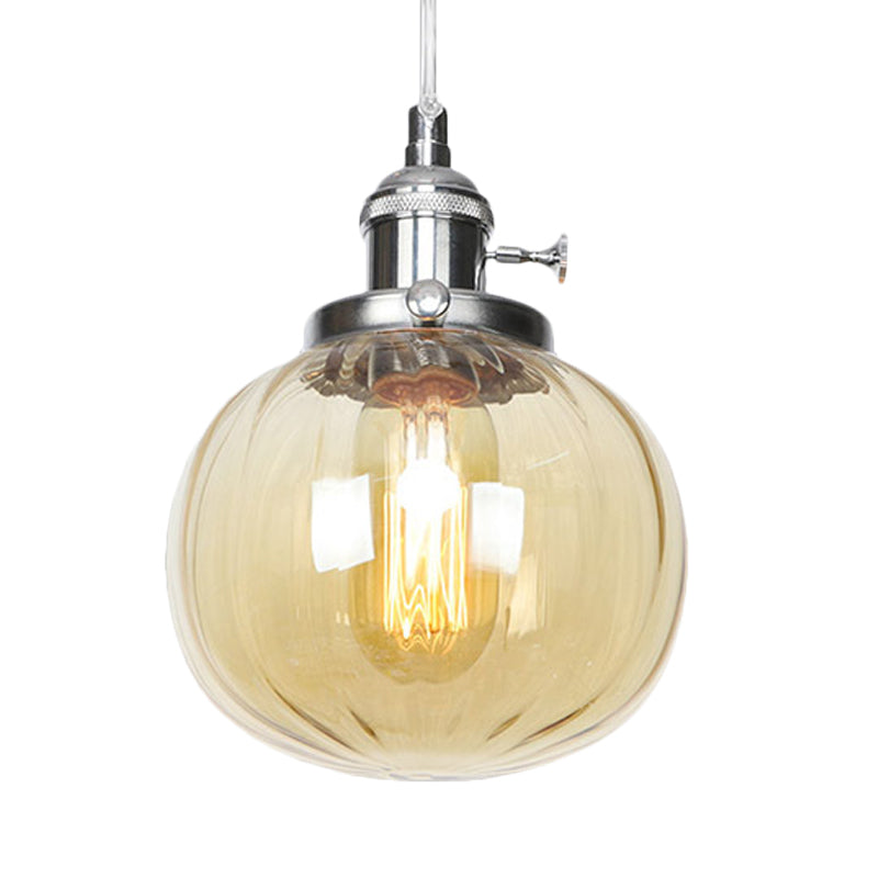 Vintage Style Amber/Clear Ridged Glass Pendant Light Fixture - Adjustable Ceiling For Living Room