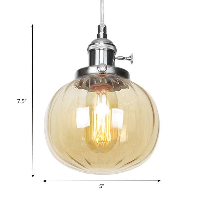 Vintage Style Amber/Clear Ridged Glass Pendant Light Fixture - Adjustable Ceiling For Living Room