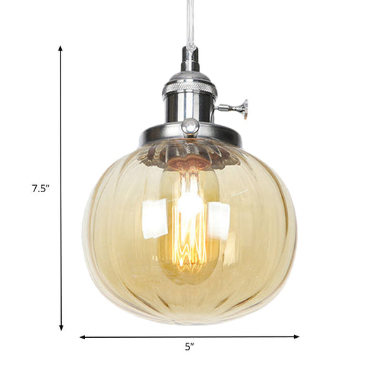 Vintage Style Amber/Clear Ridged Glass Pendant Light Fixture - Adjustable Ceiling For Living Room