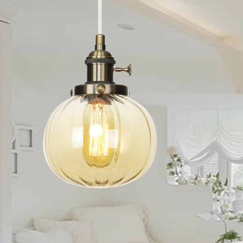 Vintage Style Amber/Clear Ridged Glass Pendant Light Fixture - Adjustable Ceiling For Living Room