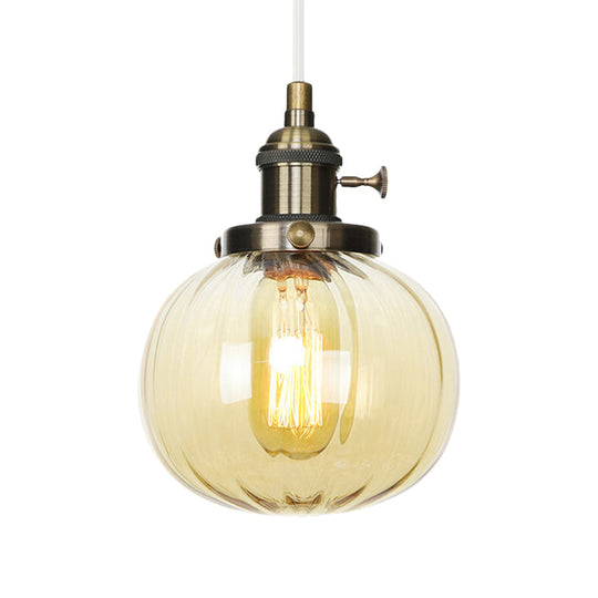 Vintage Style Amber/Clear Ridged Glass Pendant Light Fixture - 1 Light - Adjustable - Living Room Ceiling Light - Black/Bronze/Brass