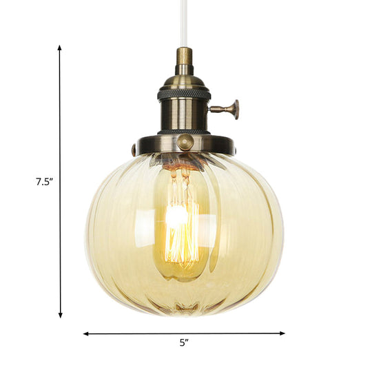 Vintage Style Amber/Clear Ridged Glass Pendant Light Fixture - 1 Light - Adjustable - Living Room Ceiling Light - Black/Bronze/Brass