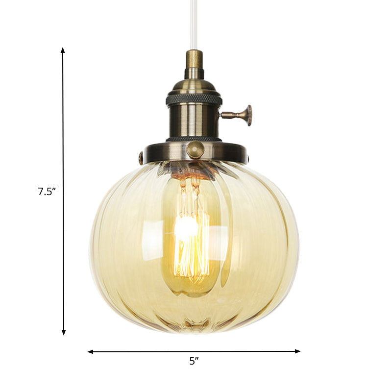 Vintage Style Amber/Clear Ridged Glass Pendant Light Fixture - Adjustable Ceiling For Living Room