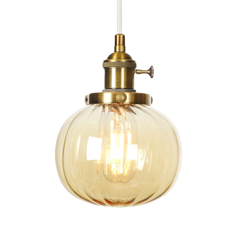 Vintage Style Amber/Clear Ridged Glass Pendant Light Fixture - Adjustable Ceiling For Living Room