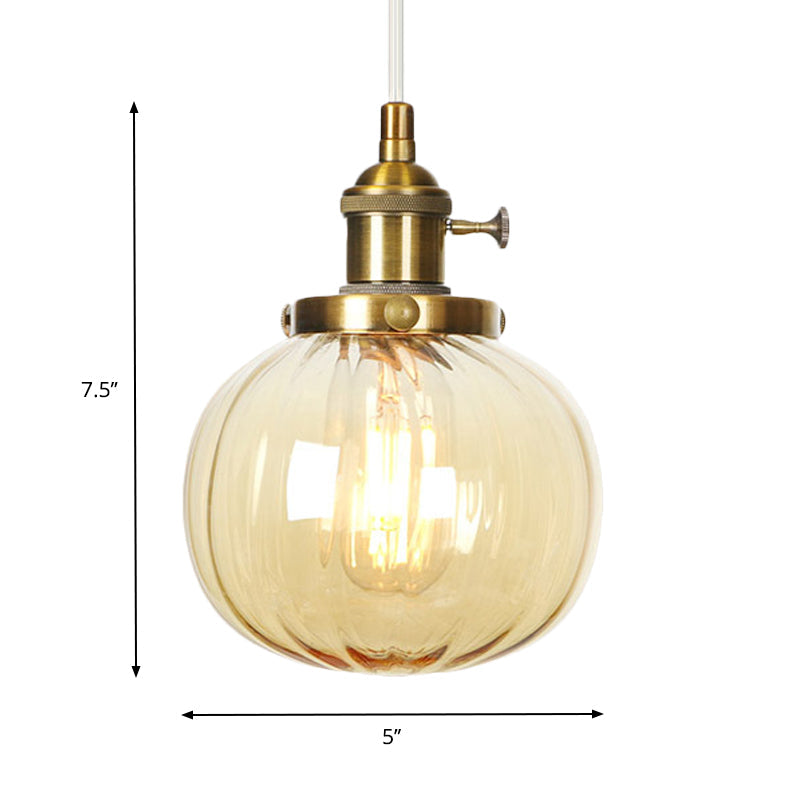 Vintage Style Amber/Clear Ridged Glass Pendant Light Fixture - Adjustable Ceiling For Living Room