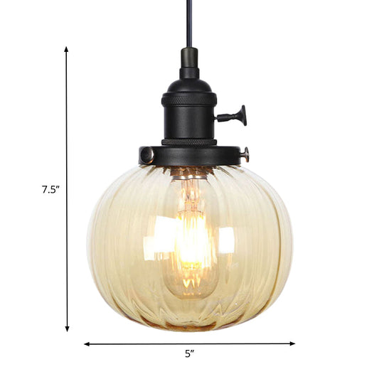 Vintage Style Amber/Clear Ridged Glass Pendant Light Fixture - 1 Light - Adjustable - Living Room Ceiling Light - Black/Bronze/Brass