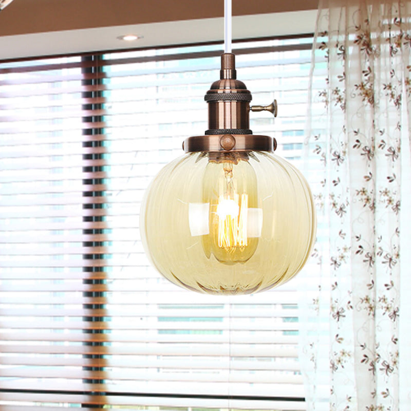 Vintage Style Amber/Clear Ridged Glass Pendant Light Fixture - Adjustable Ceiling For Living Room