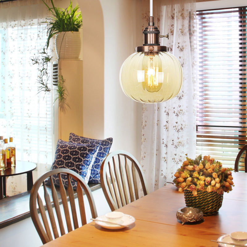 Vintage Style Amber/Clear Ridged Glass Pendant Light Fixture - Adjustable Ceiling For Living Room