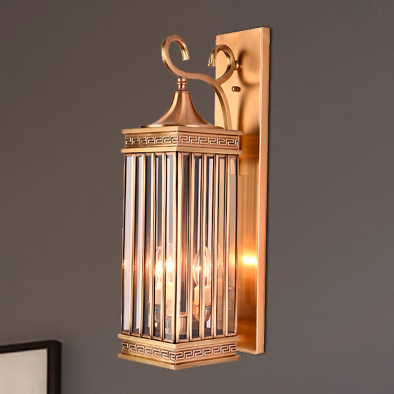 Traditional Brass Metal Wall Sconce Light Fixture For Foyer - 1/3 Head Rectangle Design 18/24.5H /