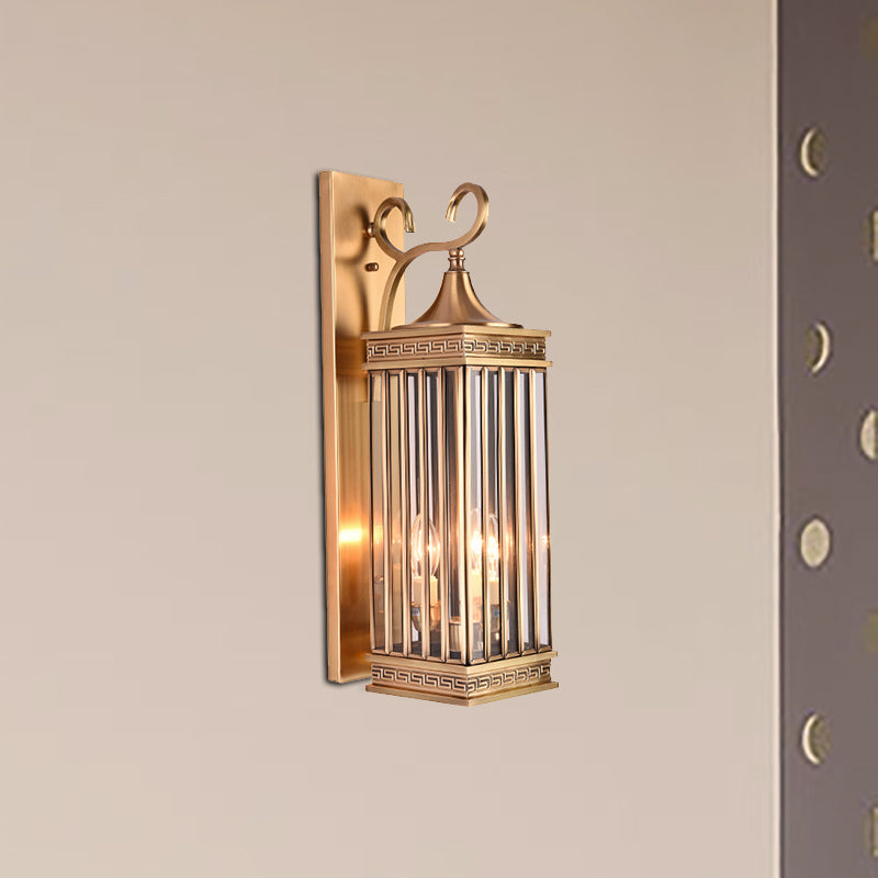 Traditional Brass Metal Wall Sconce Light Fixture For Foyer - 1/3 Head Rectangle Design 18/24.5H