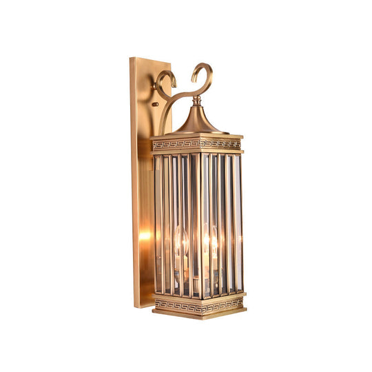 Traditional Brass Metal Wall Sconce Light Fixture For Foyer - 1/3 Head Rectangle Design 18/24.5H