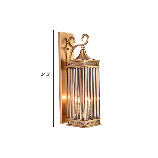 Traditional Brass Metal Wall Sconce Light Fixture For Foyer - 1/3 Head Rectangle Design 18/24.5H