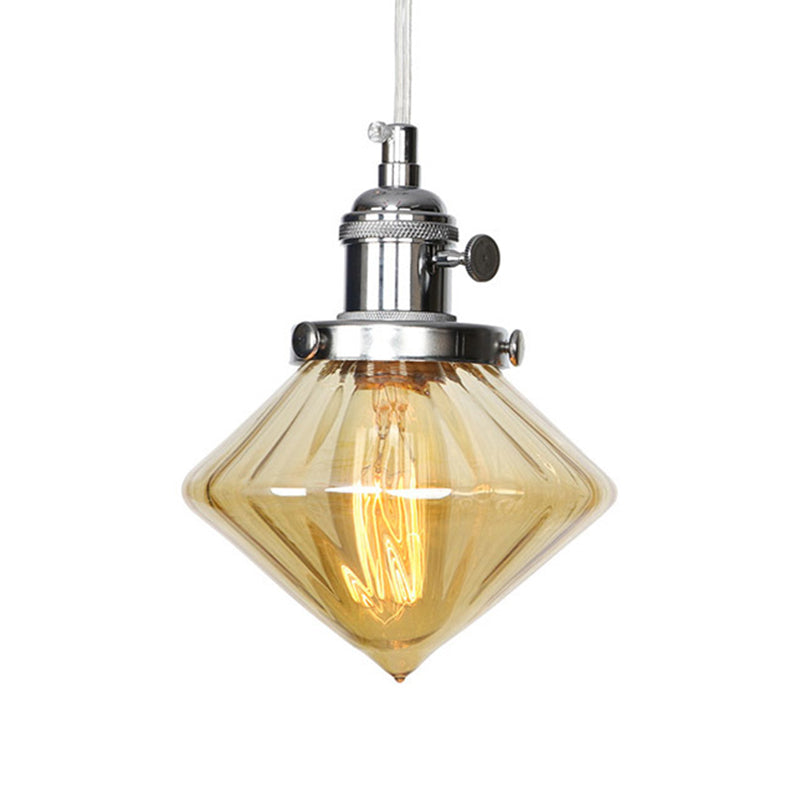 Adjustable Height Industrial Pendant Light with Diamond Glass Shade - Black/Bronze/Brass Finish, Indoor Hanging Lighting - 1 Light