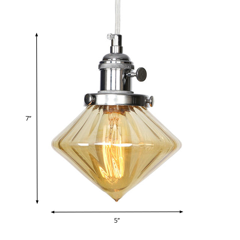 Adjustable Height Industrial Pendant Light with Diamond Glass Shade - Black/Bronze/Brass Finish, Indoor Hanging Lighting - 1 Light