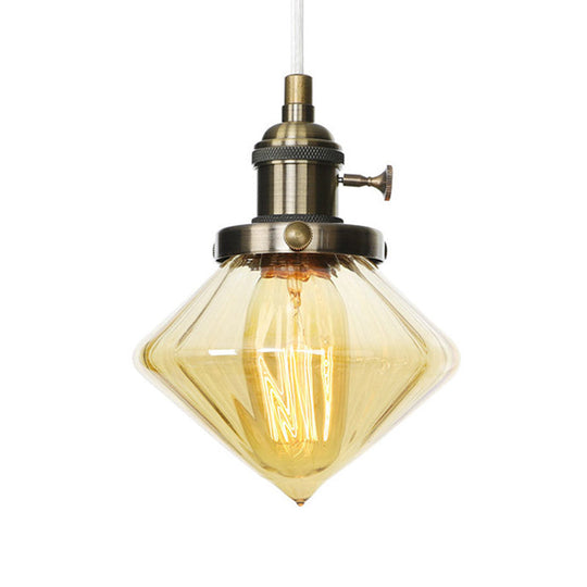 Adjustable Height Industrial Pendant Light with Diamond Glass Shade - Black/Bronze/Brass Finish, Indoor Hanging Lighting - 1 Light