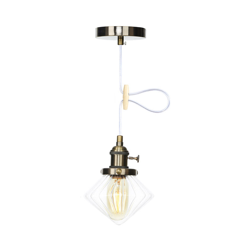 Adjustable Height Industrial Pendant Light with Diamond Glass Shade - Black/Bronze/Brass Finish, Indoor Hanging Lighting - 1 Light