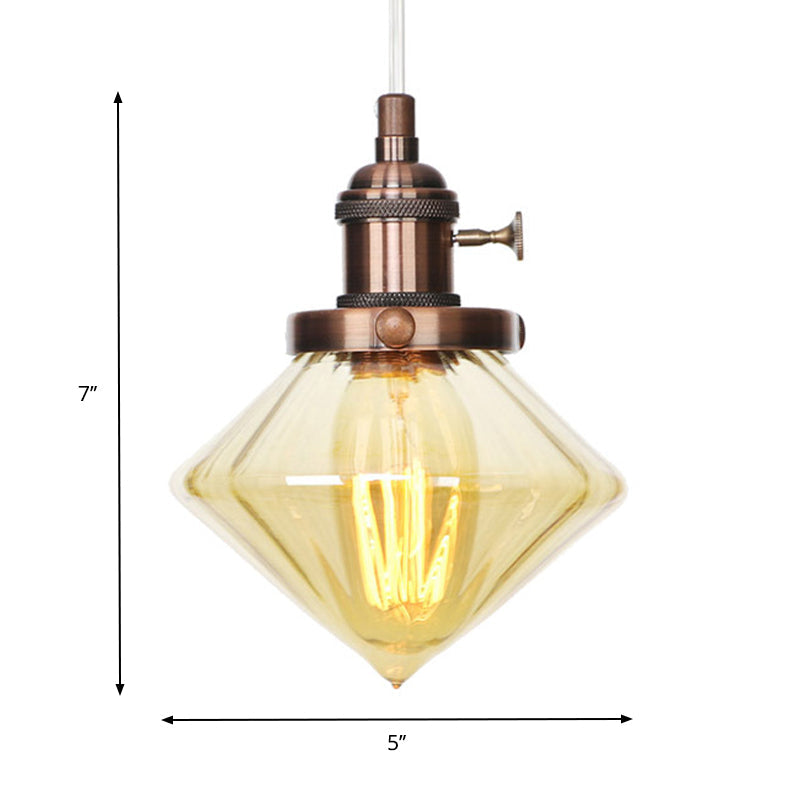 Adjustable Height Industrial Pendant Light with Diamond Glass Shade - Black/Bronze/Brass Finish, Indoor Hanging Lighting - 1 Light