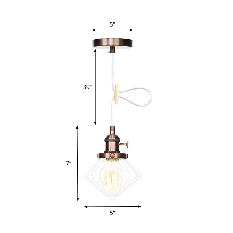 Adjustable Height Industrial Pendant Light with Diamond Glass Shade - Black/Bronze/Brass Finish, Indoor Hanging Lighting - 1 Light