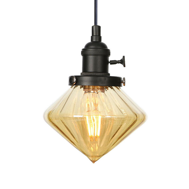 Adjustable Height Industrial Pendant Light with Diamond Glass Shade - Black/Bronze/Brass Finish, Indoor Hanging Lighting - 1 Light