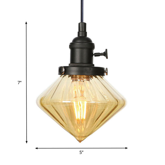 Adjustable Height Industrial Pendant Light with Diamond Glass Shade - Black/Bronze/Brass Finish, Indoor Hanging Lighting - 1 Light