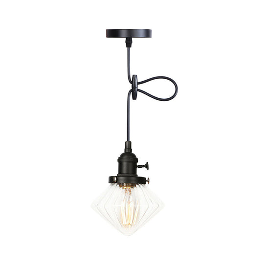 Adjustable Height Industrial Pendant Light with Diamond Glass Shade - Black/Bronze/Brass Finish, Indoor Hanging Lighting - 1 Light