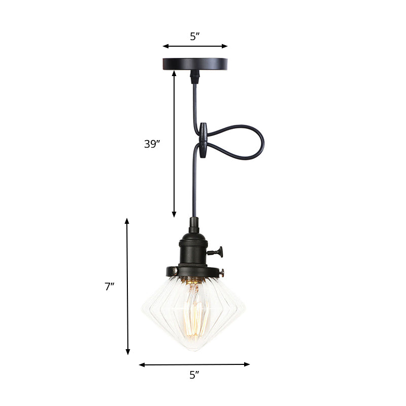 Adjustable Height Industrial Pendant Light with Diamond Glass Shade - Black/Bronze/Brass Finish, Indoor Hanging Lighting - 1 Light