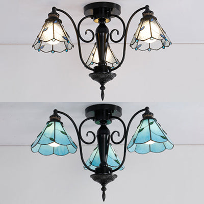 Tiffany Stained Glass Cone Semi Flush Light in Blue/Clear - Vintage Style, 3 Heads