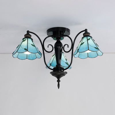 Tiffany Stained Glass Cone Semi Flush Light in Blue/Clear - Vintage Style, 3 Heads