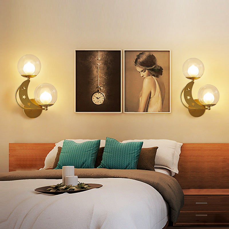 Modern Style Black/Gold Ball Wall Sconce: 2-Light Clear Glass Mount Lamp Kit