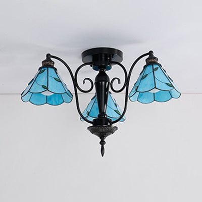 Tiffany Stained Glass Cone Semi Flush Light in Blue/Clear - Vintage Style, 3 Heads