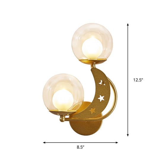 Modern Style Black/Gold Ball Wall Sconce: 2-Light Clear Glass Mount Lamp Kit