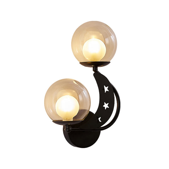 Modern Style Black/Gold Ball Wall Sconce: 2-Light Clear Glass Mount Lamp Kit