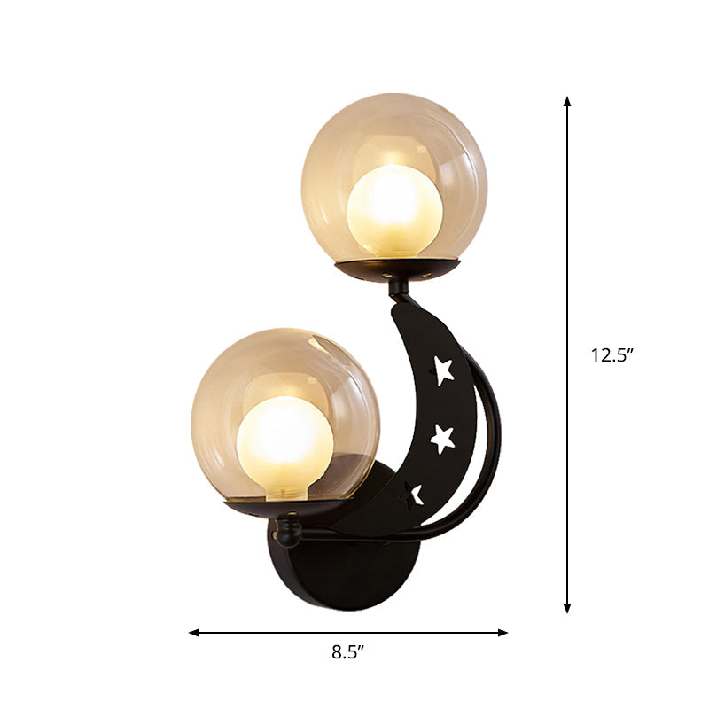 Modern Style Black/Gold Ball Wall Sconce: 2-Light Clear Glass Mount Lamp Kit