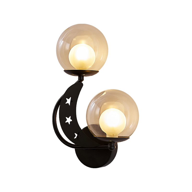 Modern Style Black/Gold Ball Wall Sconce: 2-Light Clear Glass Mount Lamp Kit