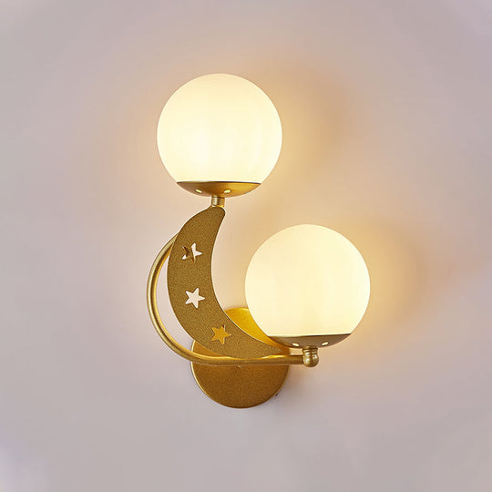 Contemporary Bedroom Sconce Light: 2 Bulbs Black/Gold Wall Lamp With Milky Glass Ball Shades