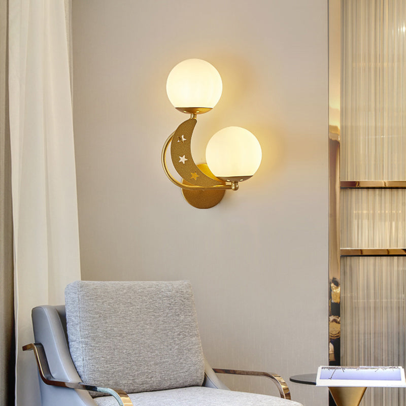 Contemporary Bedroom Sconce Light: 2 Bulbs Black/Gold Wall Lamp With Milky Glass Ball Shades